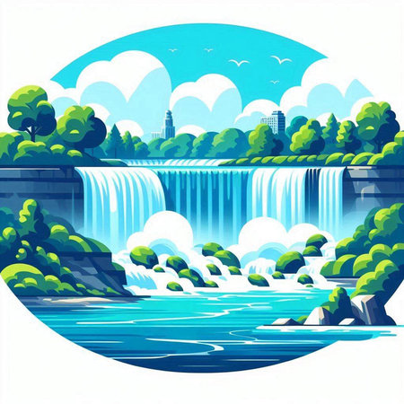 Waterfall on the river. Vector illustration in a flat style.のイラスト素材