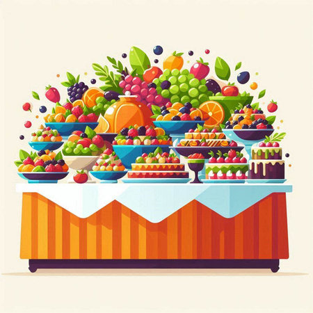 Fruit stall with fresh fruits. Vector illustration in cartoon style.のイラスト素材
