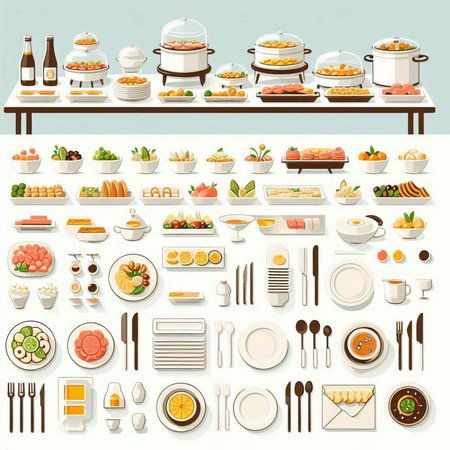 Catering restaurant set with food and drinks vector illustration graphic designのイラスト素材