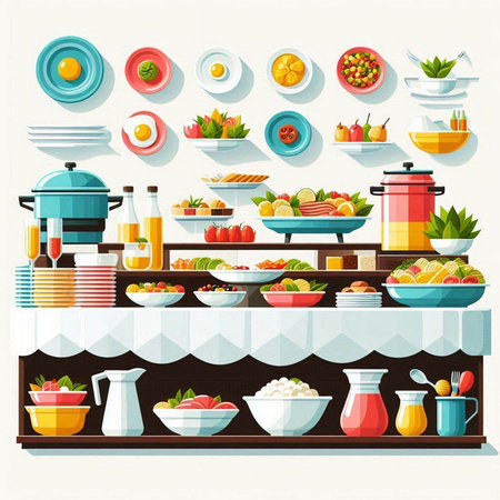 Kitchen counter with different dishes and food. Vector illustration in flat styleのイラスト素材