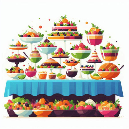 Fruit Buffet Table with Fruits and Vegetables. Vector Illustrationのイラスト素材