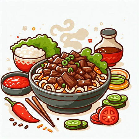 Illustration of a bowl of udon noodles with beef and vegetablesのイラスト素材