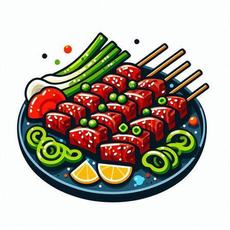 Illustration of japanese food with chopsticks and vegetables.のイラスト素材