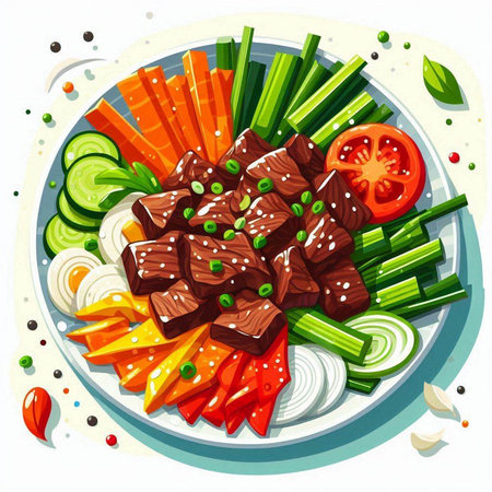 Illustration of a bowl of beef with vegetables on a white backgroundのイラスト素材