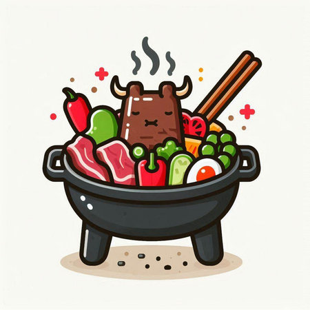 Cartoon vector illustration of hot pot with beef and vegetables. Hand drawn style.のイラスト素材