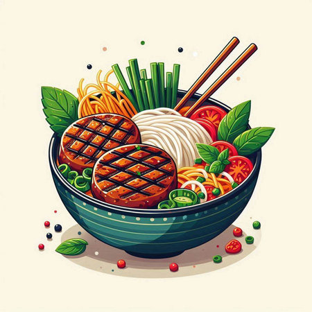 Illustration of a bowl of noodle soup with grilled beef and vegetablesのイラスト素材