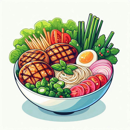 Bowl of noodle soup with meat and vegetables. Vector illustration.のイラスト素材