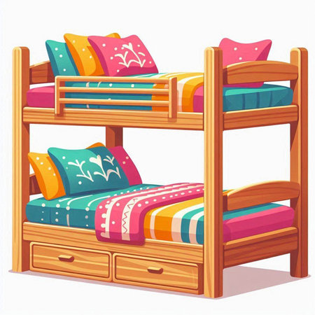 Wooden bunk bed with colorful pillows. Vector illustration isolated on white background.のイラスト素材