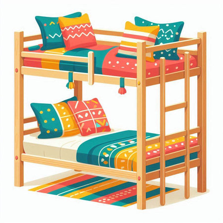 Wooden bunk bed with colorful pillows. Vector illustration isolated on white background.のイラスト素材