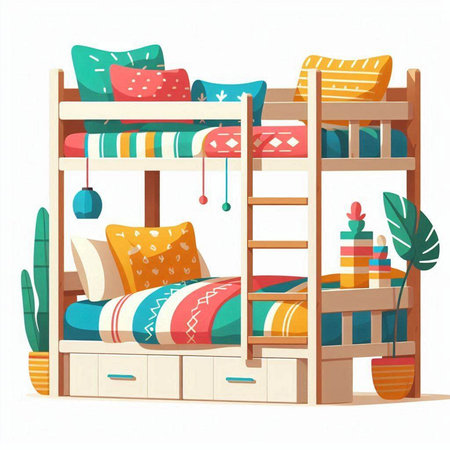 Bunk bed with pillows and cushions. Vector illustration.のイラスト素材