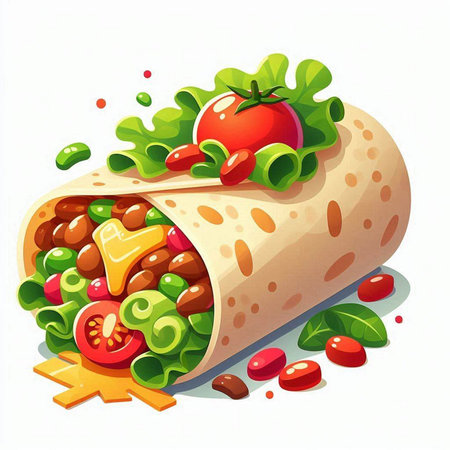 Illustration of a delicious tortilla wrap with lettuce, tomato and cheeseのイラスト素材