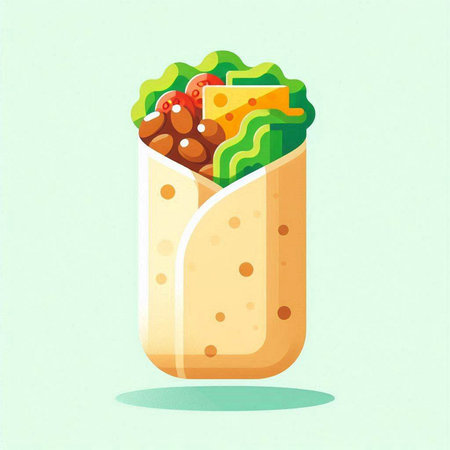 Tortilla wrap with meat and vegetables. Vector illustration in flat style.のイラスト素材