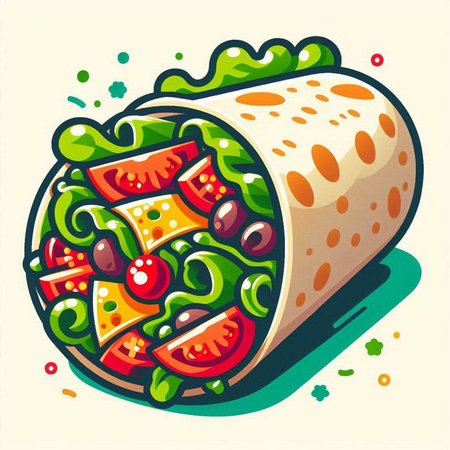 Vector illustration of a tortilla with salad, tomatoes and cheese.のイラスト素材