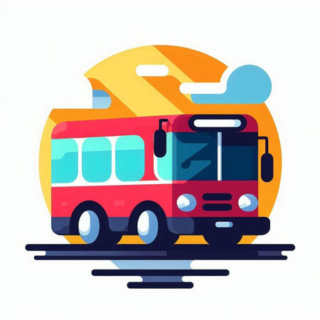 Red bus on the road. Vector illustration in flat design style.のイラスト素材