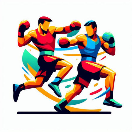 Colorful vector illustration of a group of men boxing and running.のイラスト素材