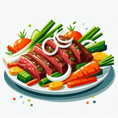 Illustration of beef with vegetables on a plate. Vector illustration.のイラスト素材