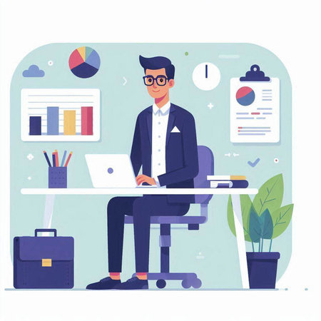 Businessman sitting at the desk in office. Vector illustration in flat styleのイラスト素材