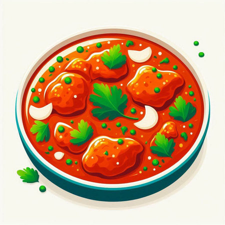 Cartoon vector illustration of tomato soup with meatballs and parsleyのイラスト素材