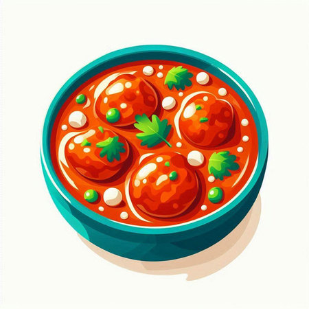 Vector illustration of a bowl of tomato sauce with meatballs and parsleyのイラスト素材
