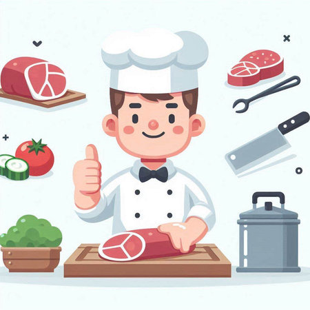 Chef cooking meat. Cartoon illustration of chef cooking meat vector icon for webのイラスト素材