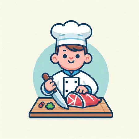 Chef boy cutting meat on a cutting board. Vector illustration.のイラスト素材