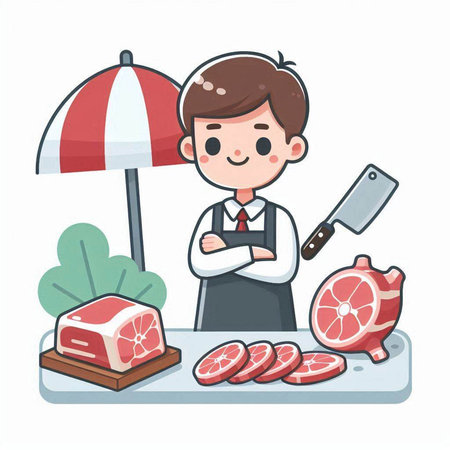 Butcher in apron with meat and knife. Vector illustration.のイラスト素材