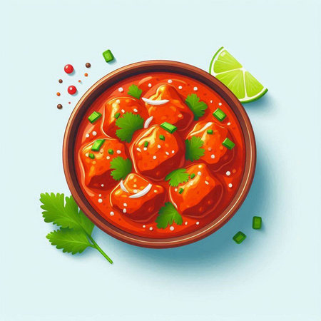 Meatballs in tomato sauce in bowl on blue background. Vector illustration.のイラスト素材