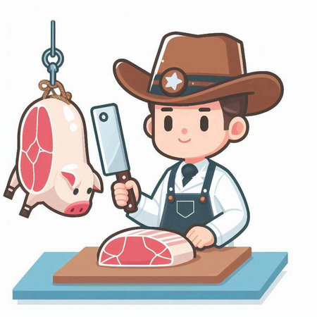 Butcher cutting meat with a knife. Vector illustration in cartoon style.のイラスト素材
