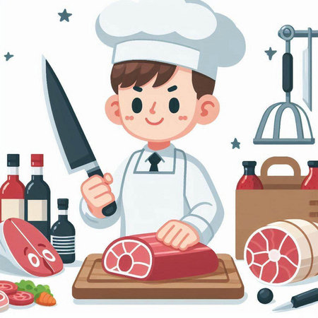 Illustration of a Chef Cutting a Piece of Meat with a Knifeのイラスト素材