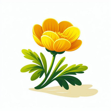 Illustration of a yellow flower with green leaves on a white backgroundのイラスト素材