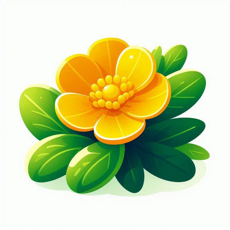 Vector illustration of yellow flower with green leaves on a white background.のイラスト素材