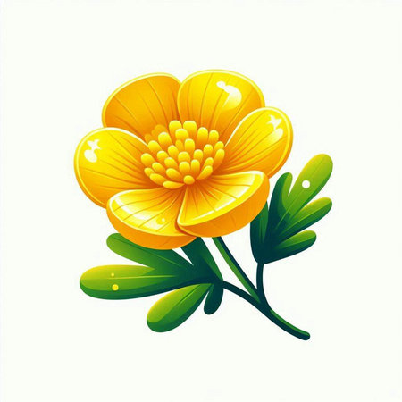 Beautiful yellow flower with green leaves on white background, vector illustrationのイラスト素材