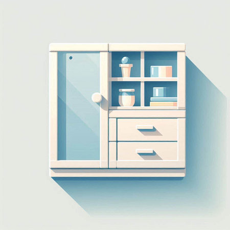 Cabinet with books and coffee cups on the wall. Vector illustration.のイラスト素材