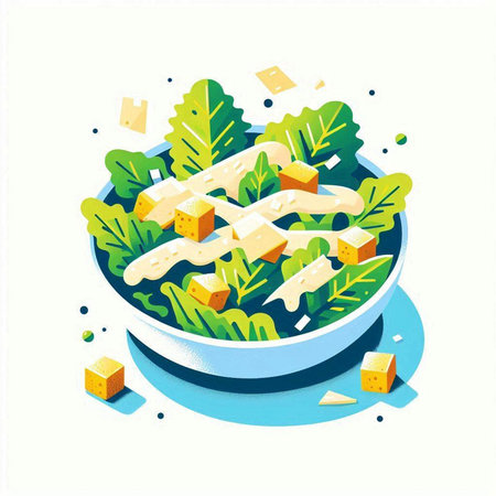 Vegetable salad with tofu and cheese in a bowl. Vector illustration.のイラスト素材