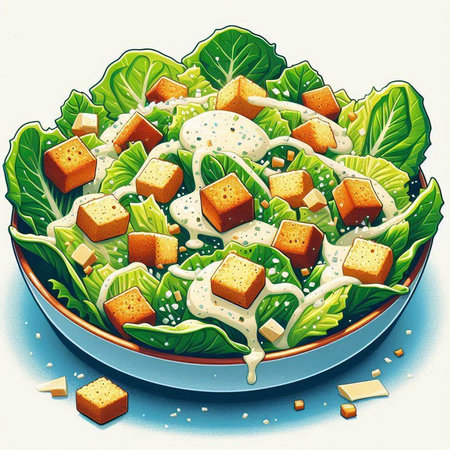 Illustration of a salad with cheese, lettuce, croutons and sour creamのイラスト素材