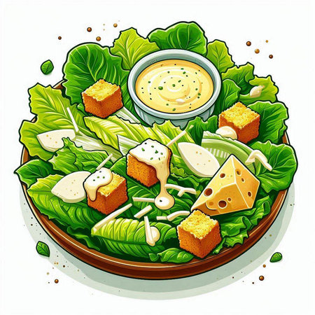 Illustration of salad with cheese and croutons in a plateのイラスト素材