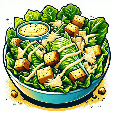 Salad with croutons, cheese and lettuce. Vector illustration.のイラスト素材