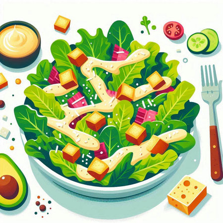 Salad with avocado, cheese and cucumber. Vector illustration.のイラスト素材