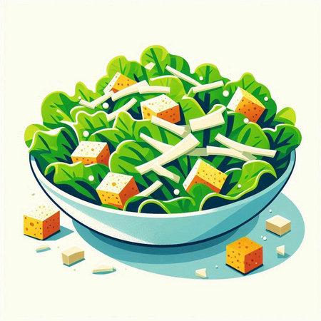 Salad with tofu and cheese in a bowl. Vector illustration.のイラスト素材