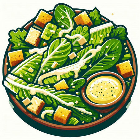 Illustration of healthy salad with croutons, cheese and greensのイラスト素材