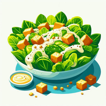 Salad with croutons and sauce in a bowl. Vector illustration.のイラスト素材