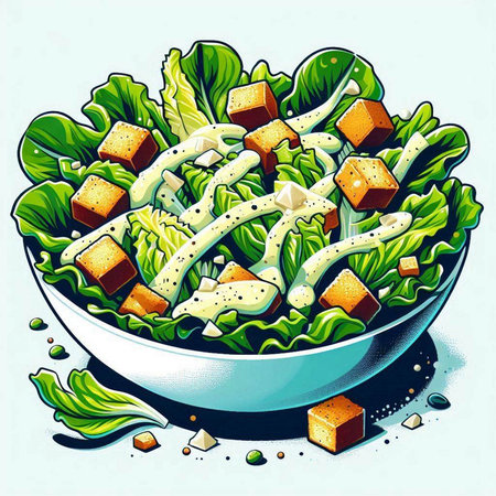 Illustration of a bowl of salad with lettuce, cheese and croutonsのイラスト素材