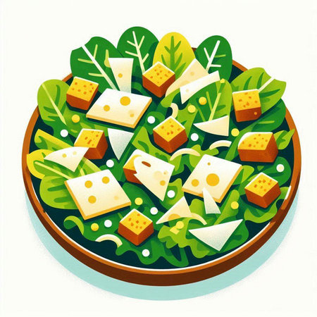 Illustration of salad with cheese, lettuce and olives in a plateのイラスト素材