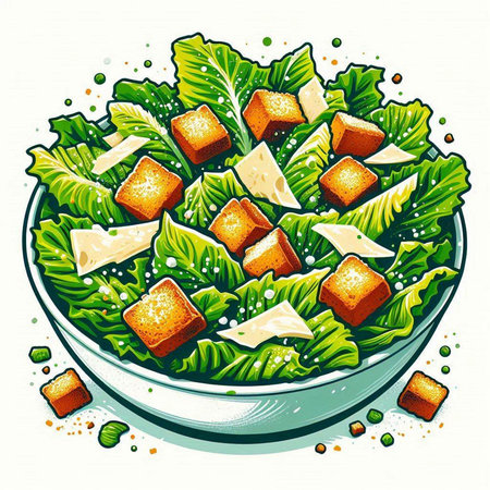 Salad with cheese and lettuce in a bowl. Vector illustration.のイラスト素材
