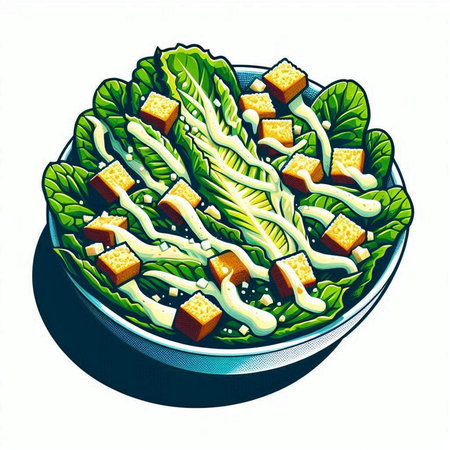 Illustration of a bowl of salad with lettuce, cheese and sauceのイラスト素材