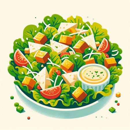 Salad with cheese, tomato and cucumber. Vector illustration.のイラスト素材