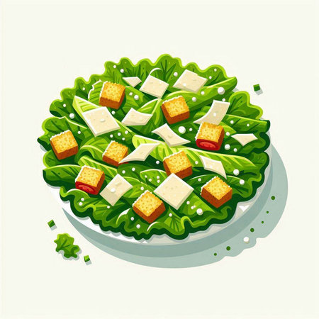 Salad with cheese, lettuce and cherry tomatoes. Vector illustration.のイラスト素材