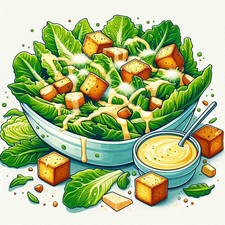 Illustration of a bowl of Caesar salad with croutons and sauceのイラスト素材