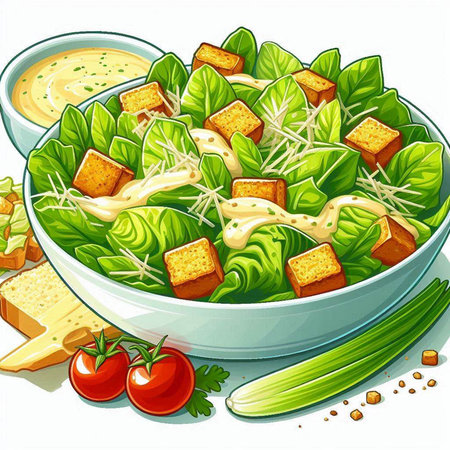 Illustration of a bowl of salad with croutons, cheese and vegetables on a white backgroundのイラスト素材