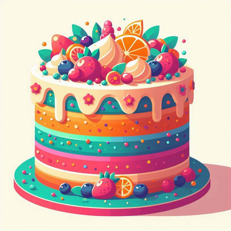 Birthday cake with berries and fruits, vector illustration in retro styleのイラスト素材